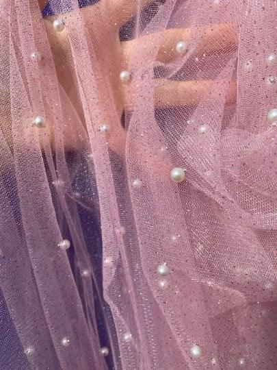 Baby Pink Pearl Beaded Glittery Mesh/Tulle - Image 6