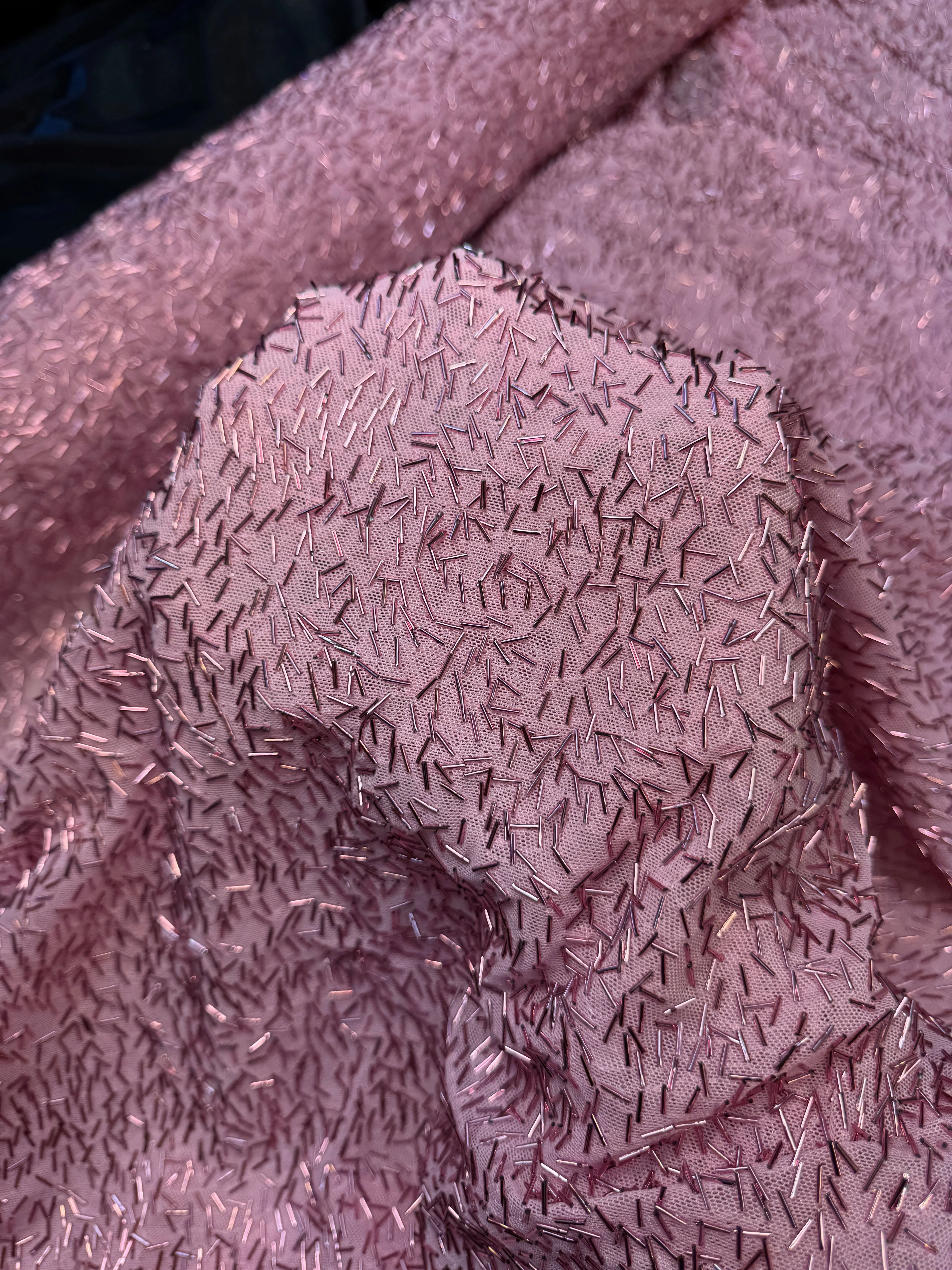 Blush Pink Bugle Beaded Stretch Mesh - Image 3