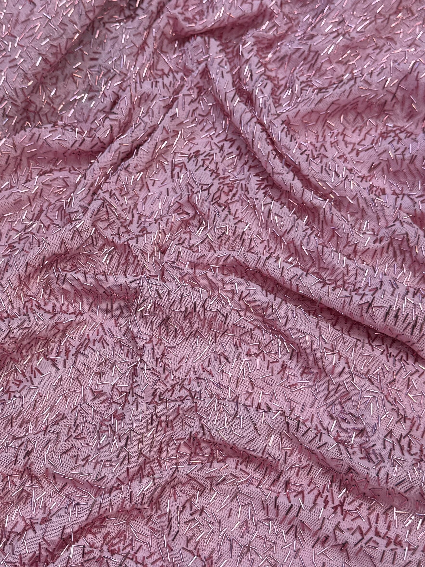 Blush Pink Bugle Beaded Stretch Mesh - Image 5