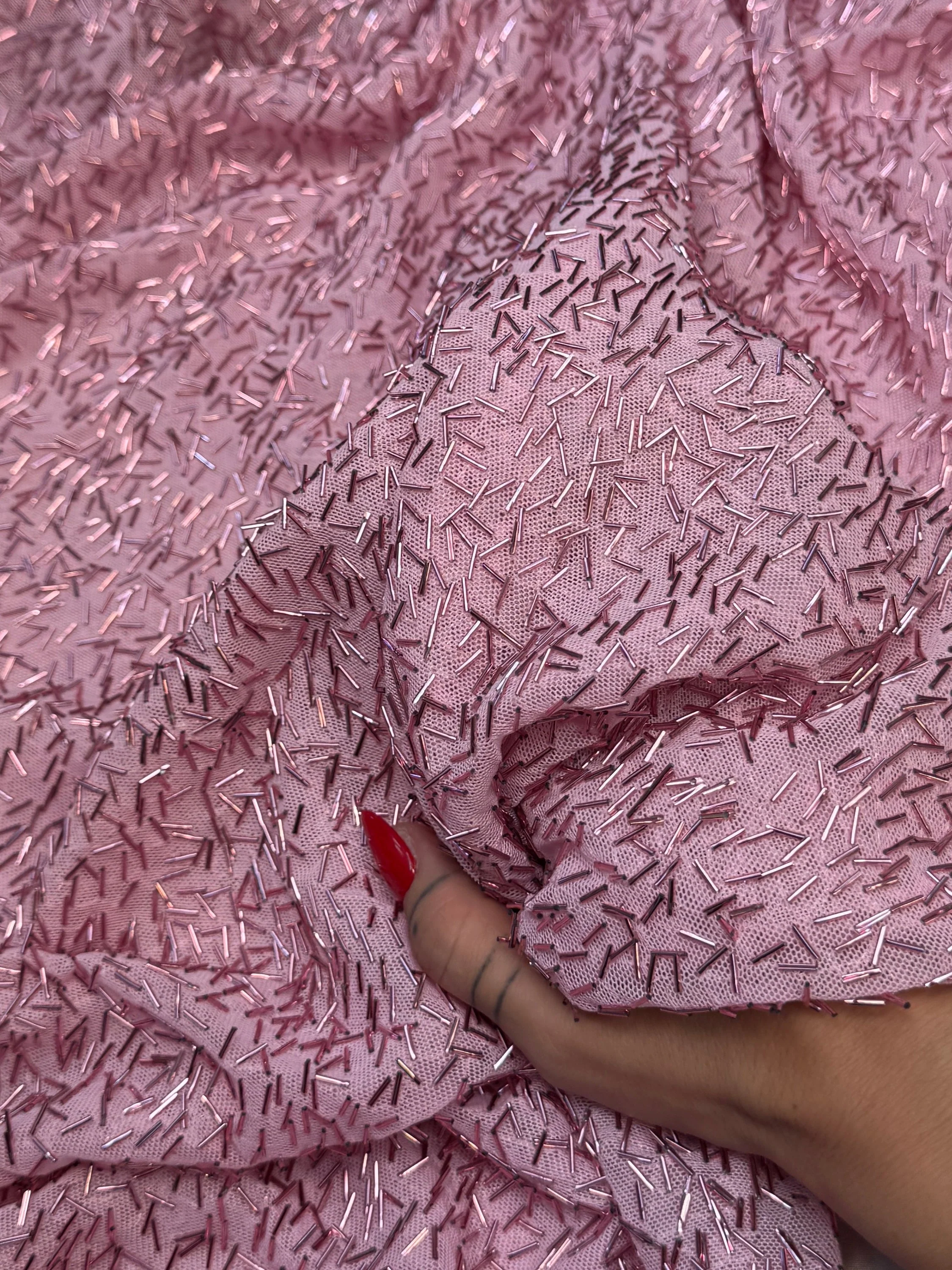 Blush Pink Bugle Beaded Stretch Mesh - Image 7