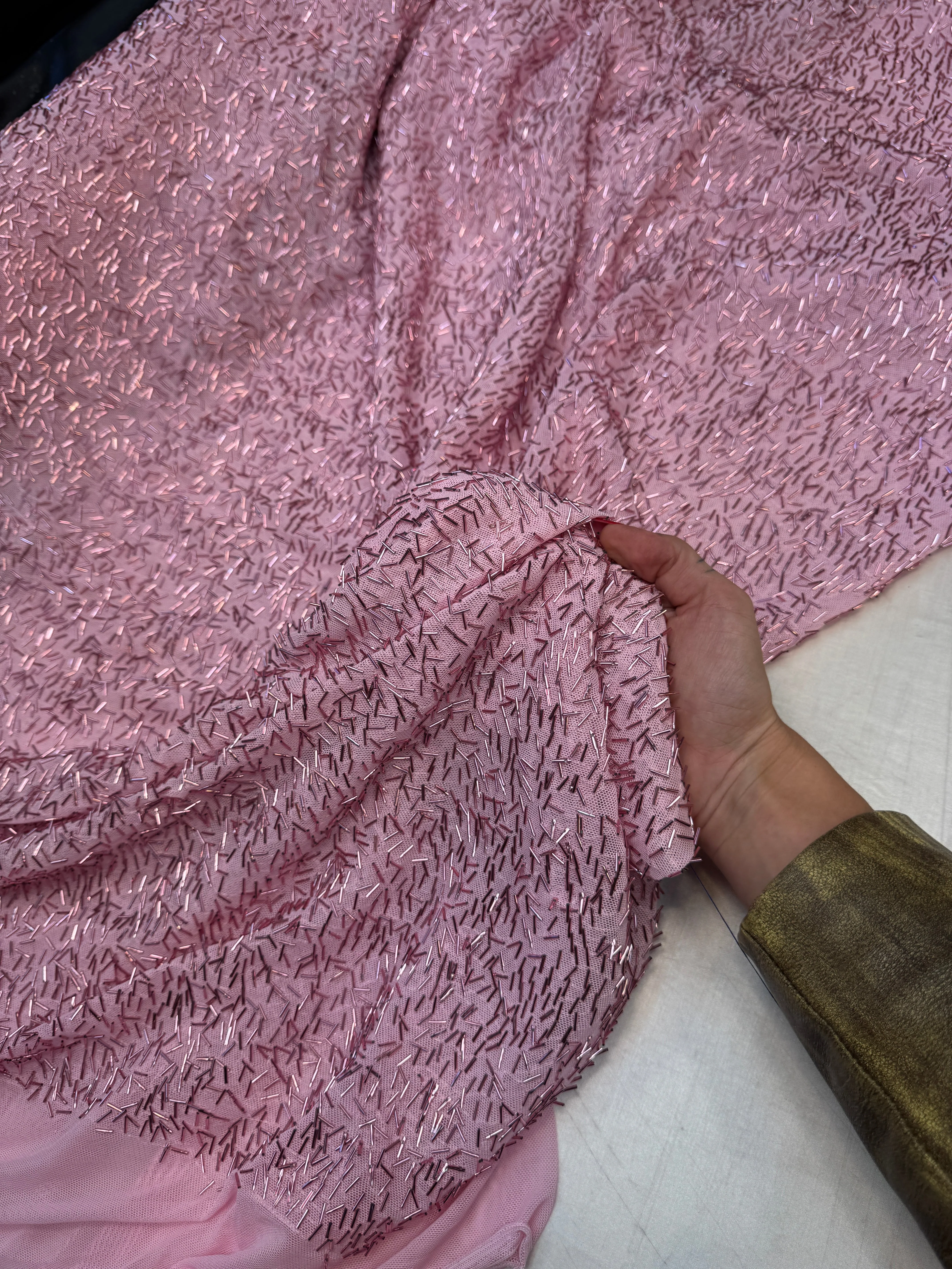 Blush Pink Bugle Beaded Stretch Mesh - Image 8