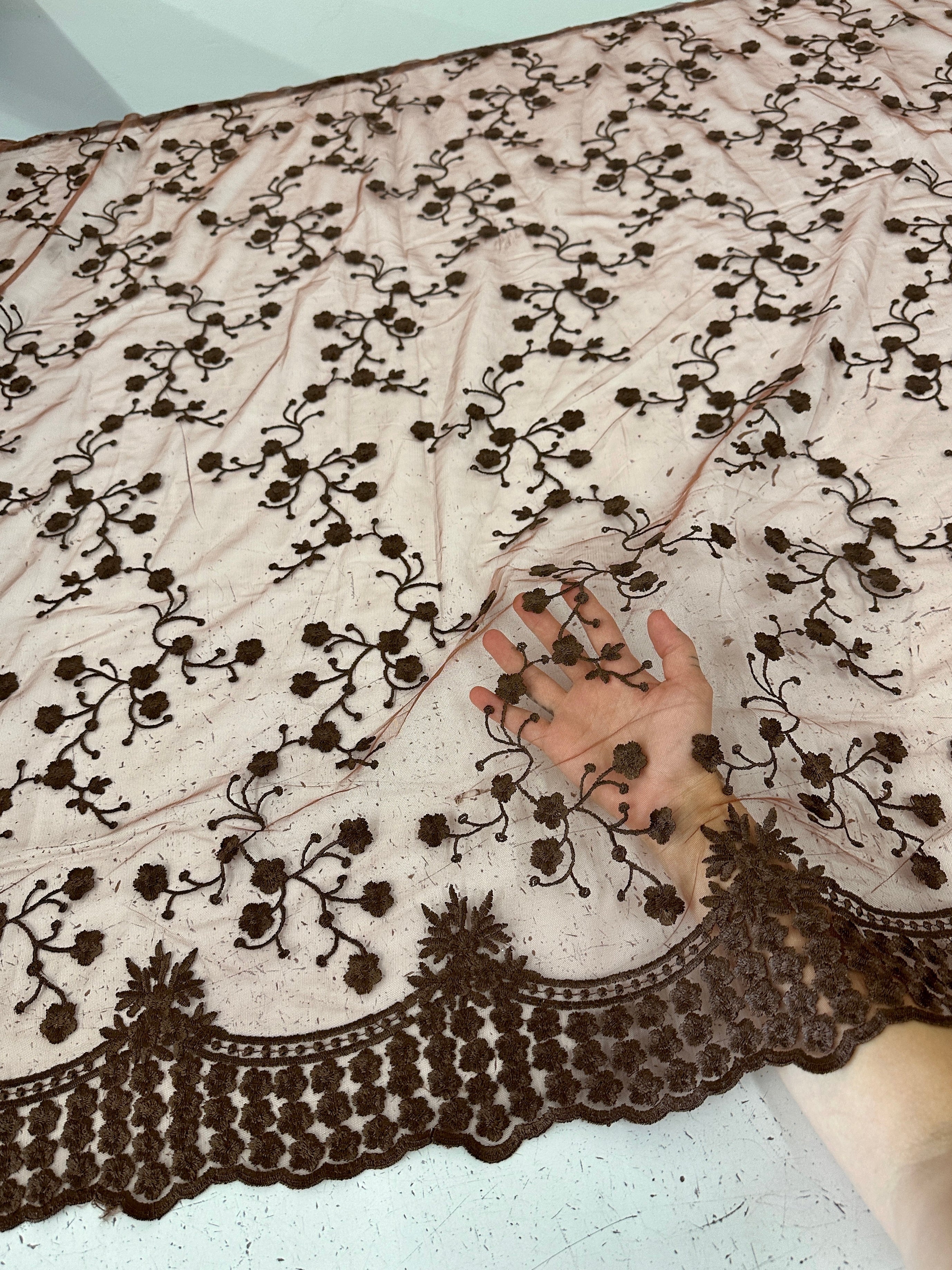 Brown Scalloped Floral Embroidered Lace