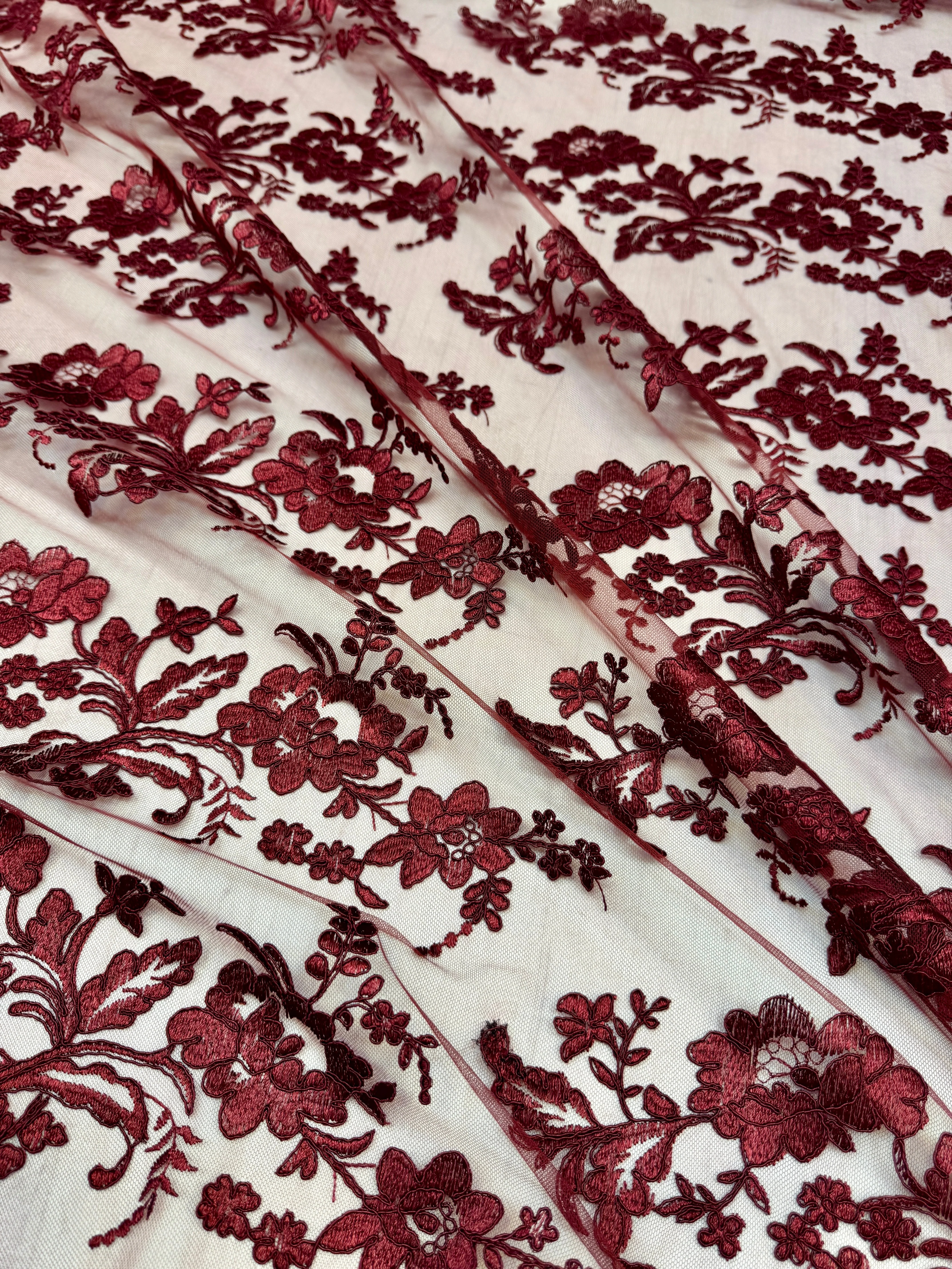 Burgundy Romantic Bloom Embroidered Mesh Lace - Image 4