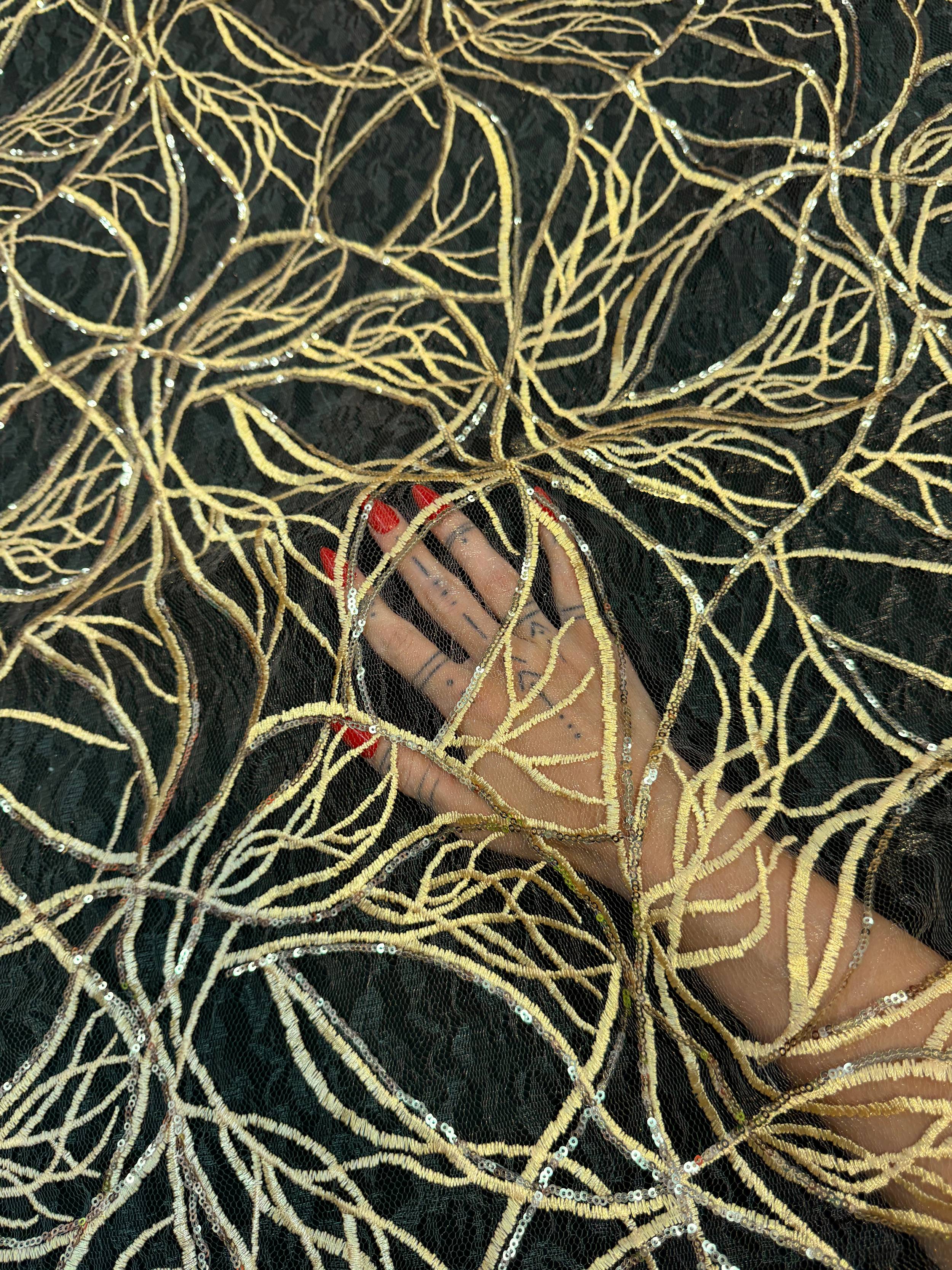 Gold Infinity Web Sequin Embroidered Mesh