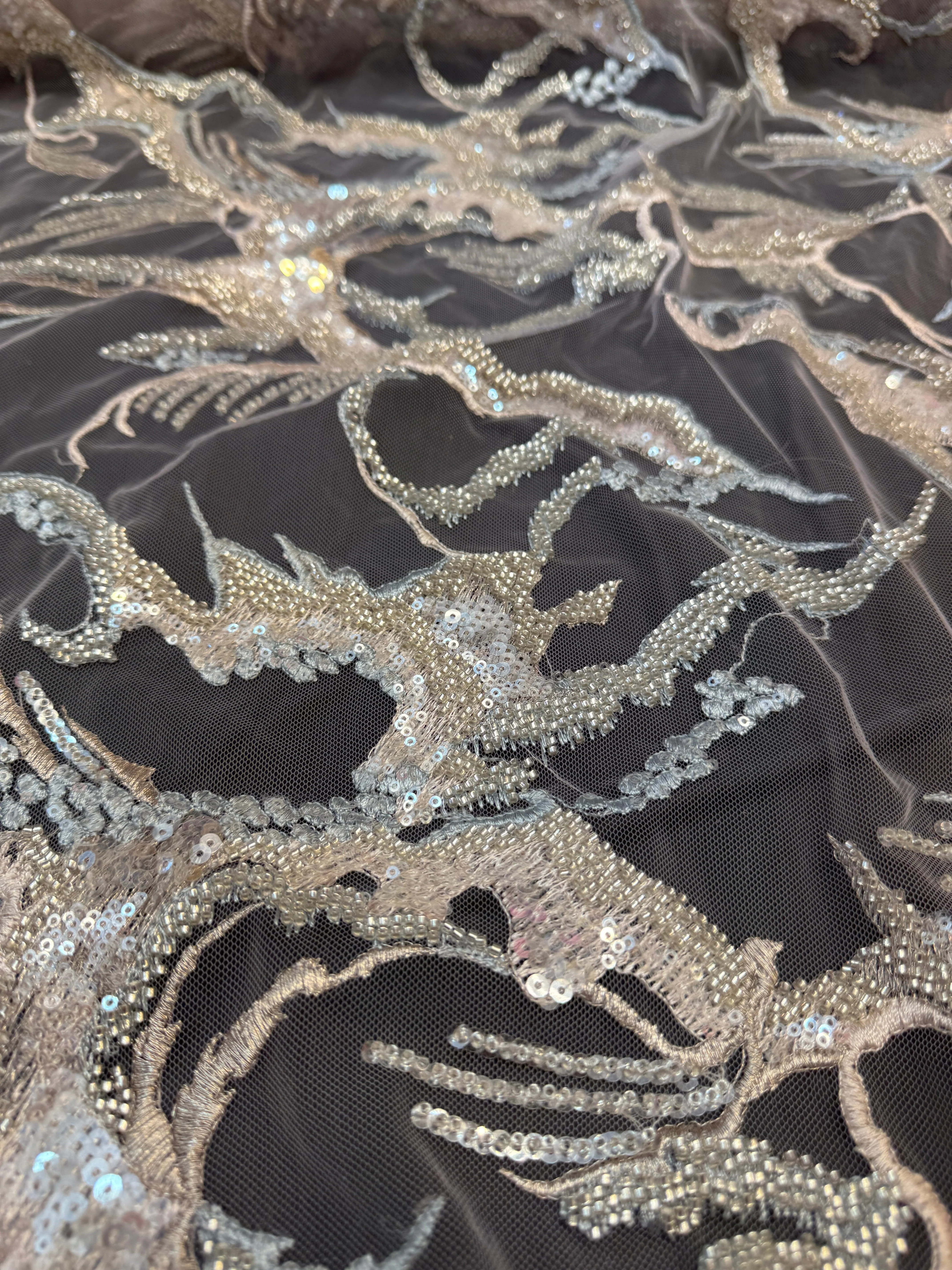Mint-Champagne Couture Vine Sequin Embroidered Mesh Lace - Image 3