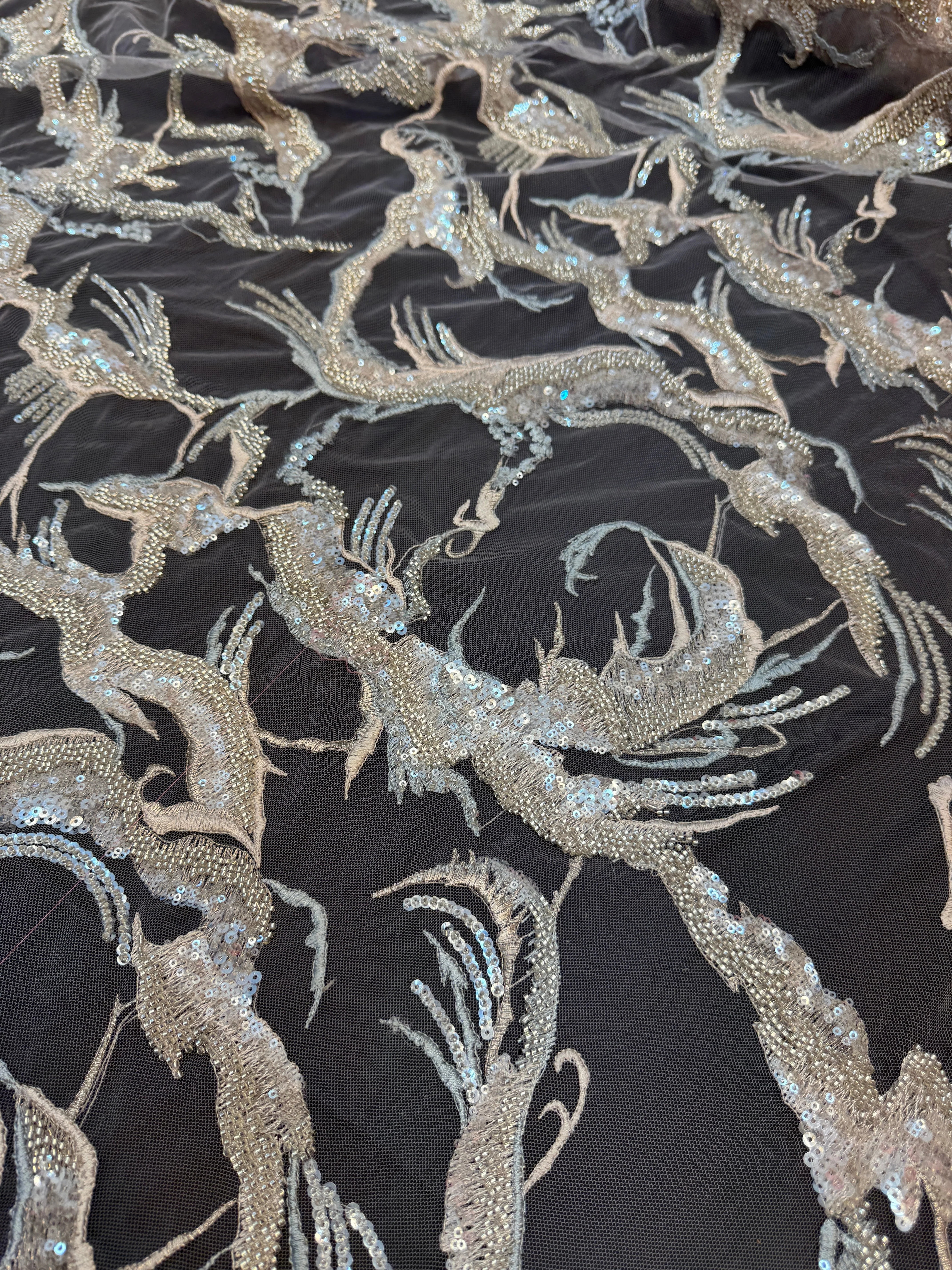 Mint-Champagne Couture Vine Sequin Embroidered Mesh Lace - Image 4