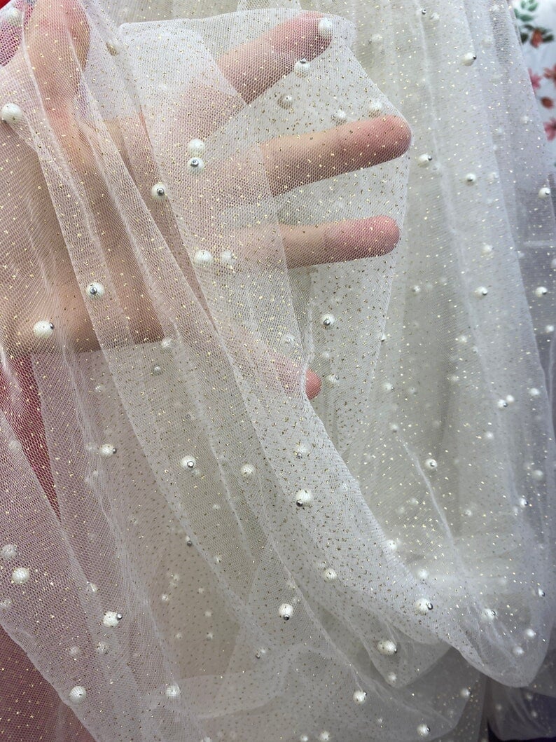 Ivory Pearl Beaded Glittery Mesh/Tulle - Image 7