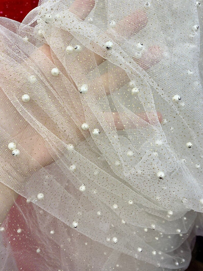 Ivory Pearl Beaded Glittery Mesh/Tulle - Image 9