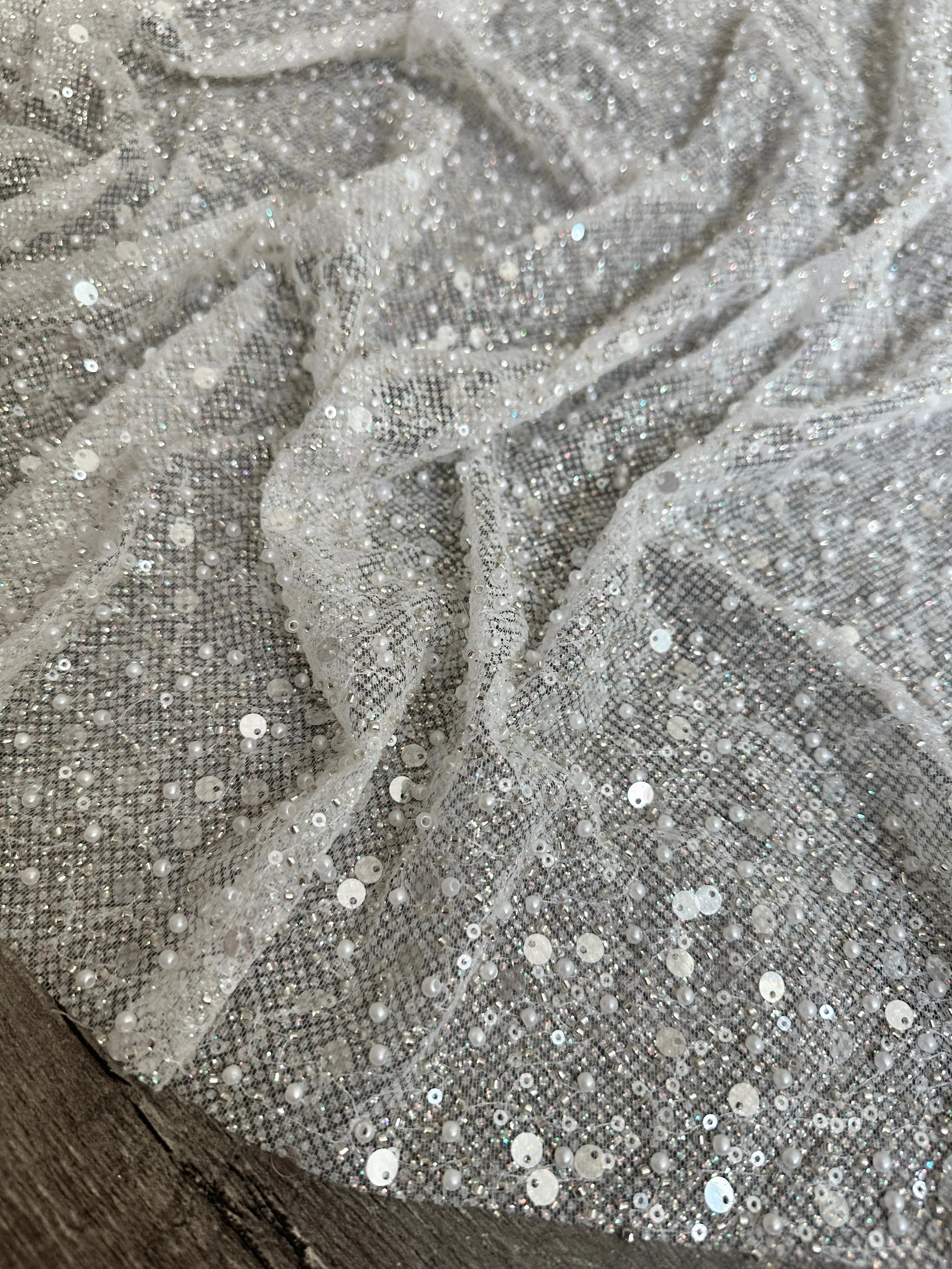 Off White Sequin Pearl Beaded Mesh - Image 4