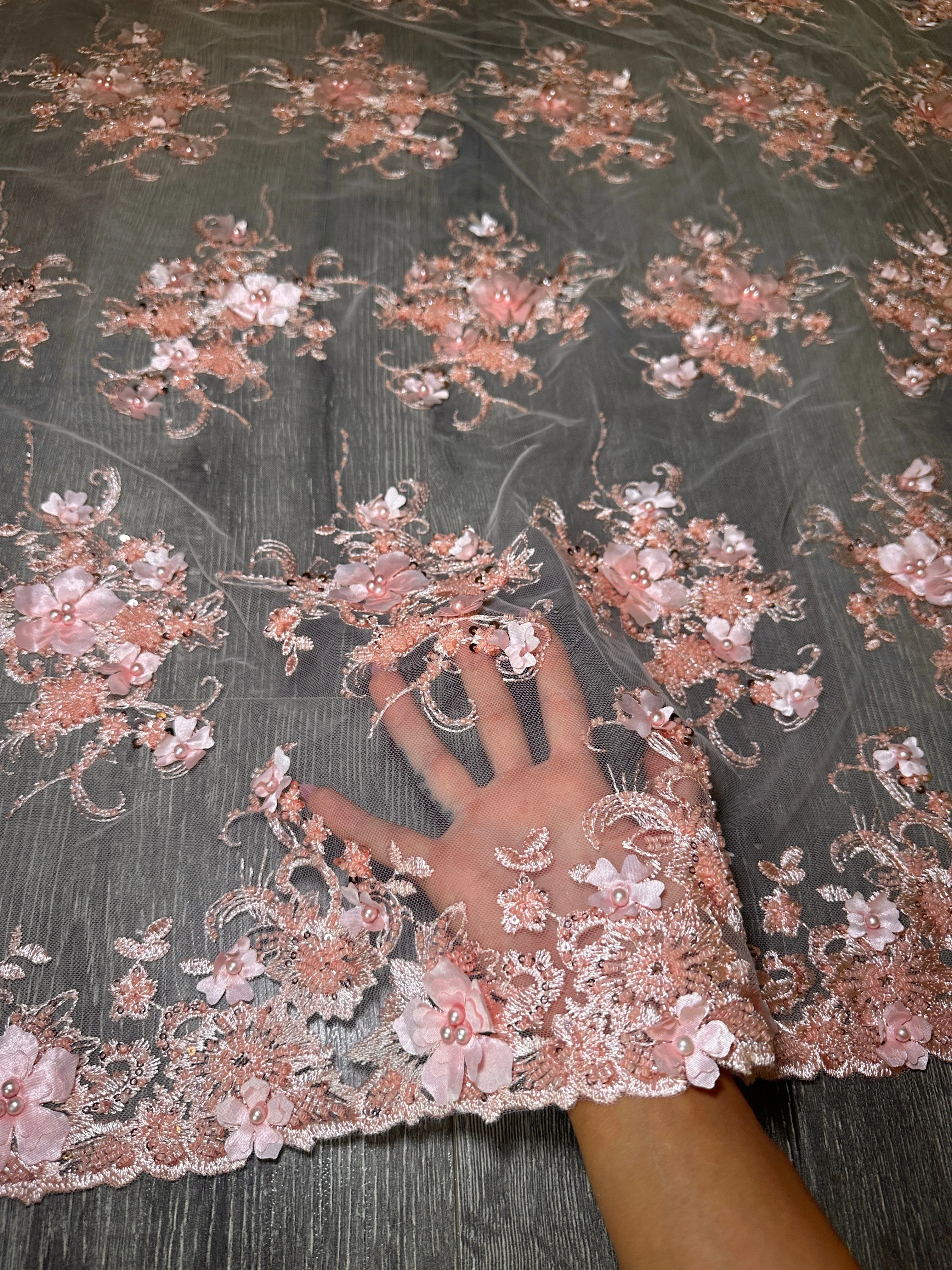 Peach 3D Floral Embroidered Beaded Tulle Lace - Image 5