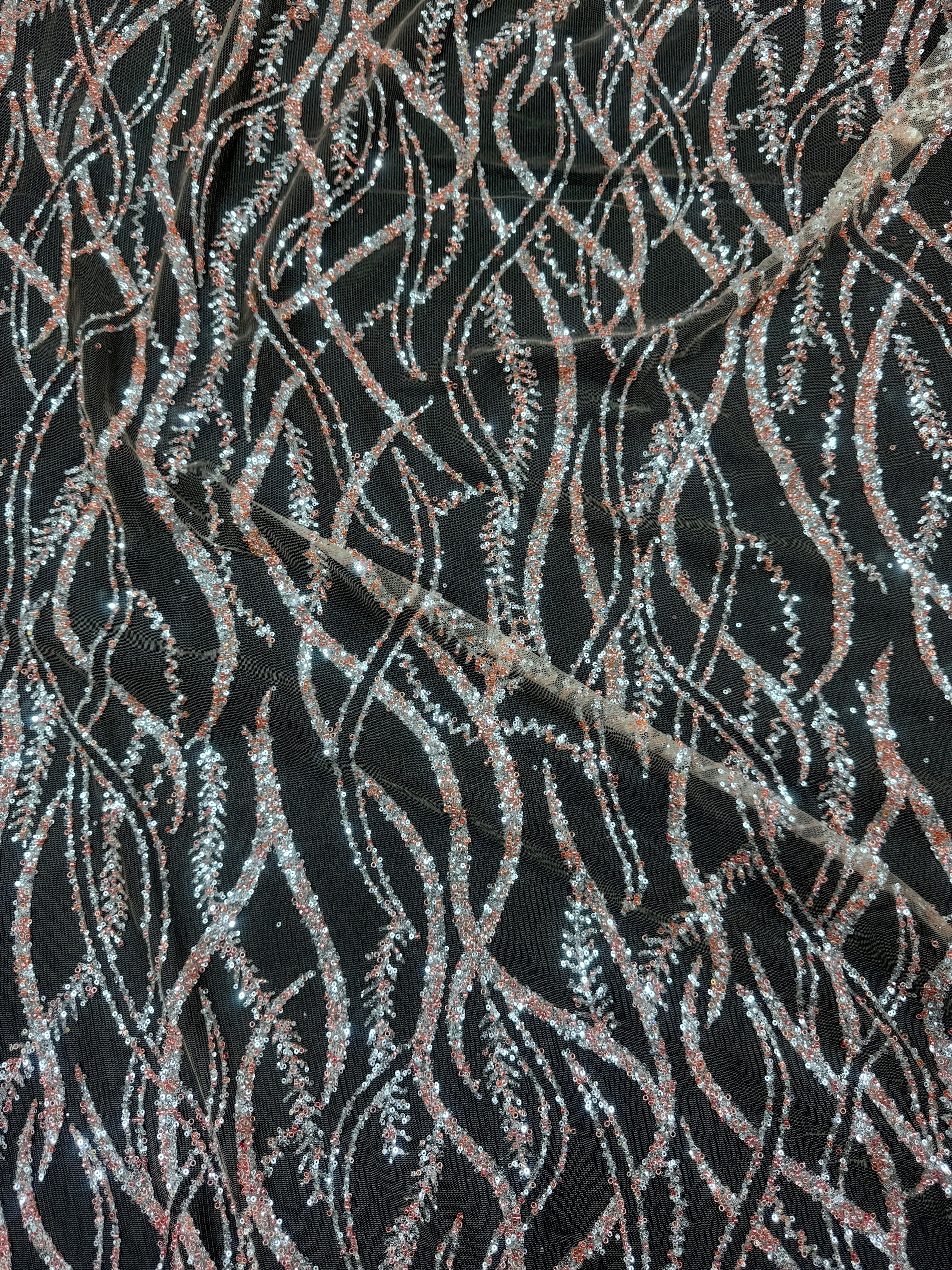 Peach-Silver Wave Design Glitter Lace Mesh - Image 4