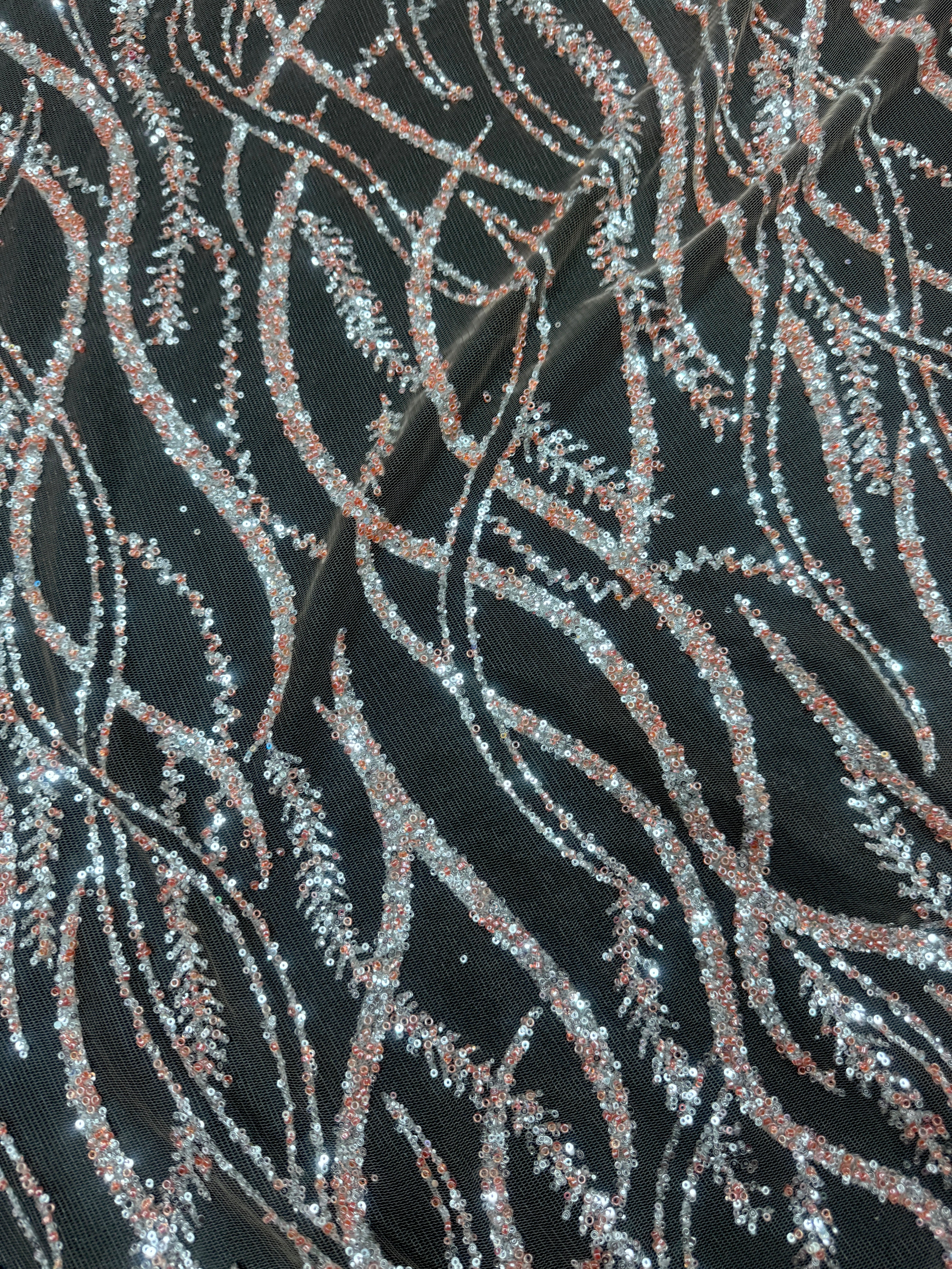 Peach-Silver Wave Design Glitter Lace Mesh - Image 7
