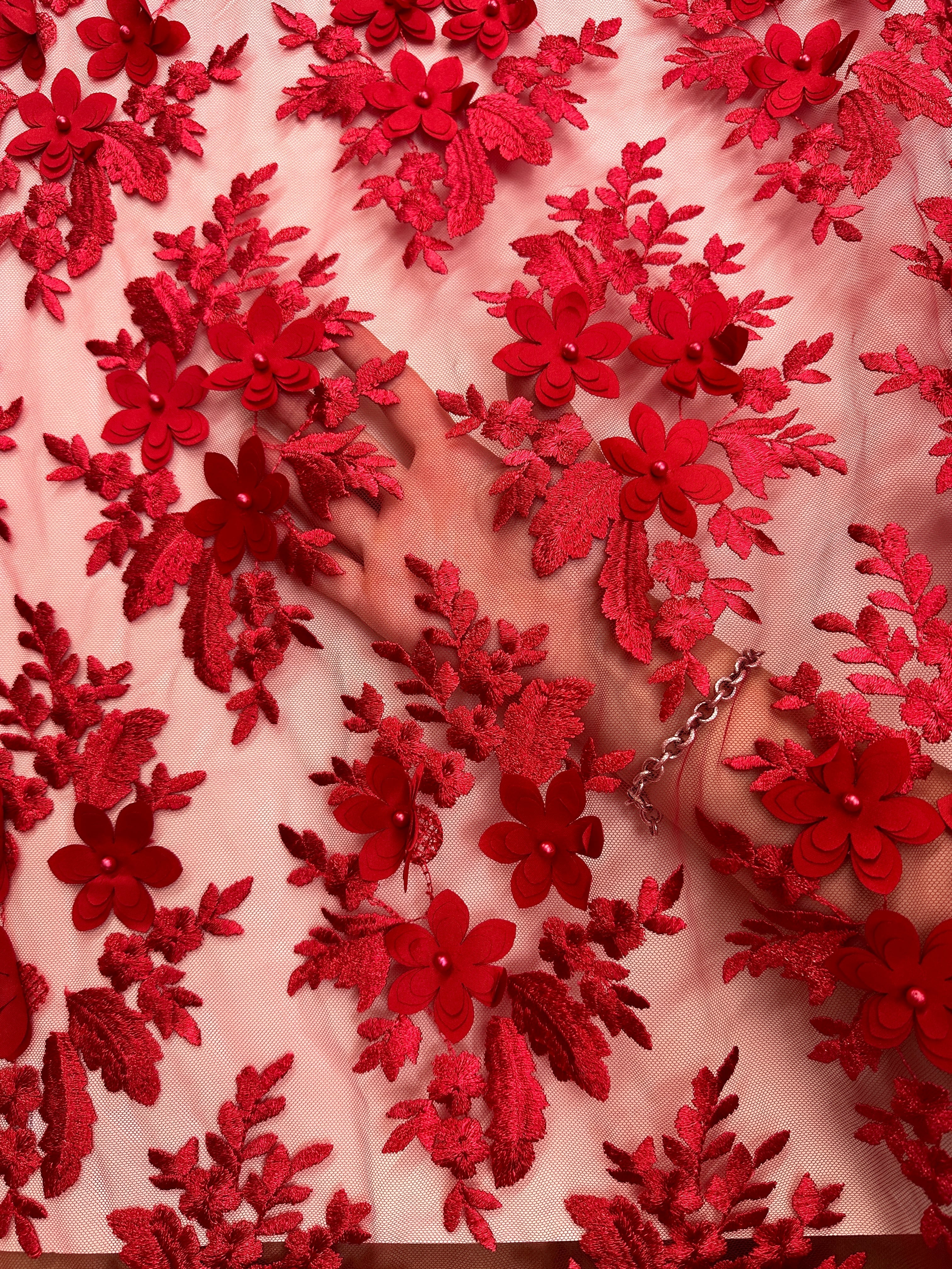 Red 3D Flower Scalloped Mesh Lace - Image 2