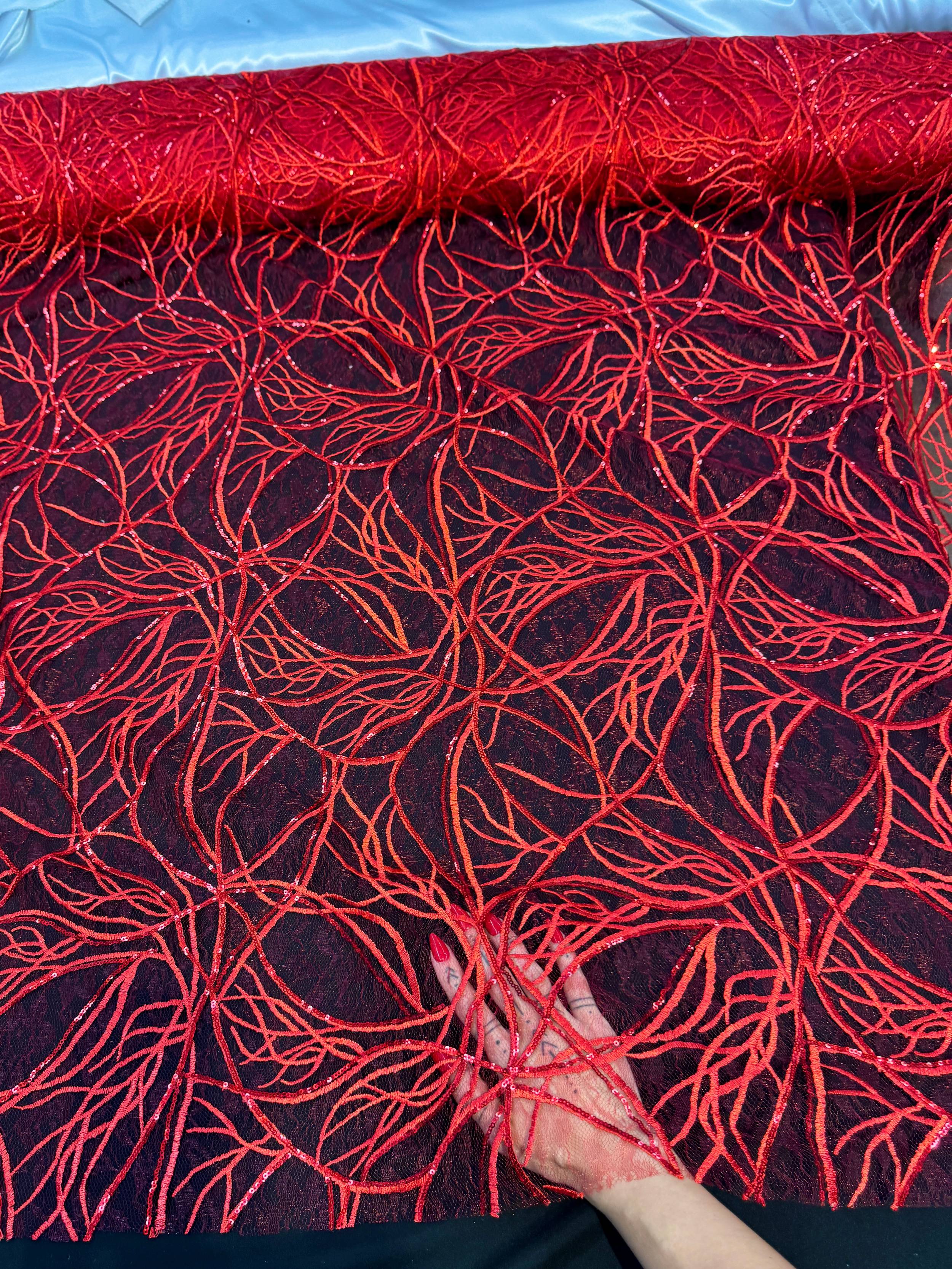 Red Infinity Web Sequin Embroidered Mesh - Image 9