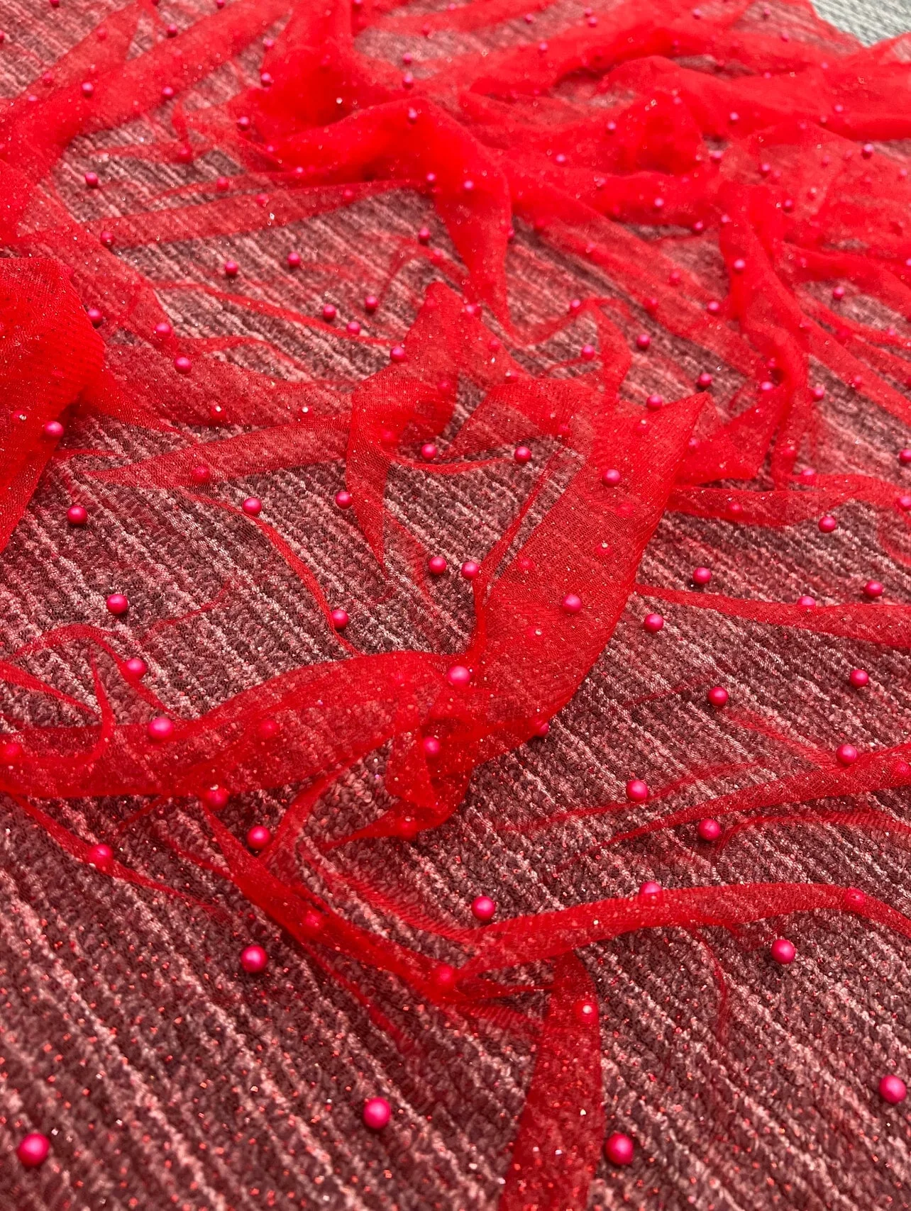 Red Pearl Beaded Glittery Mesh/Tulle - Image 5