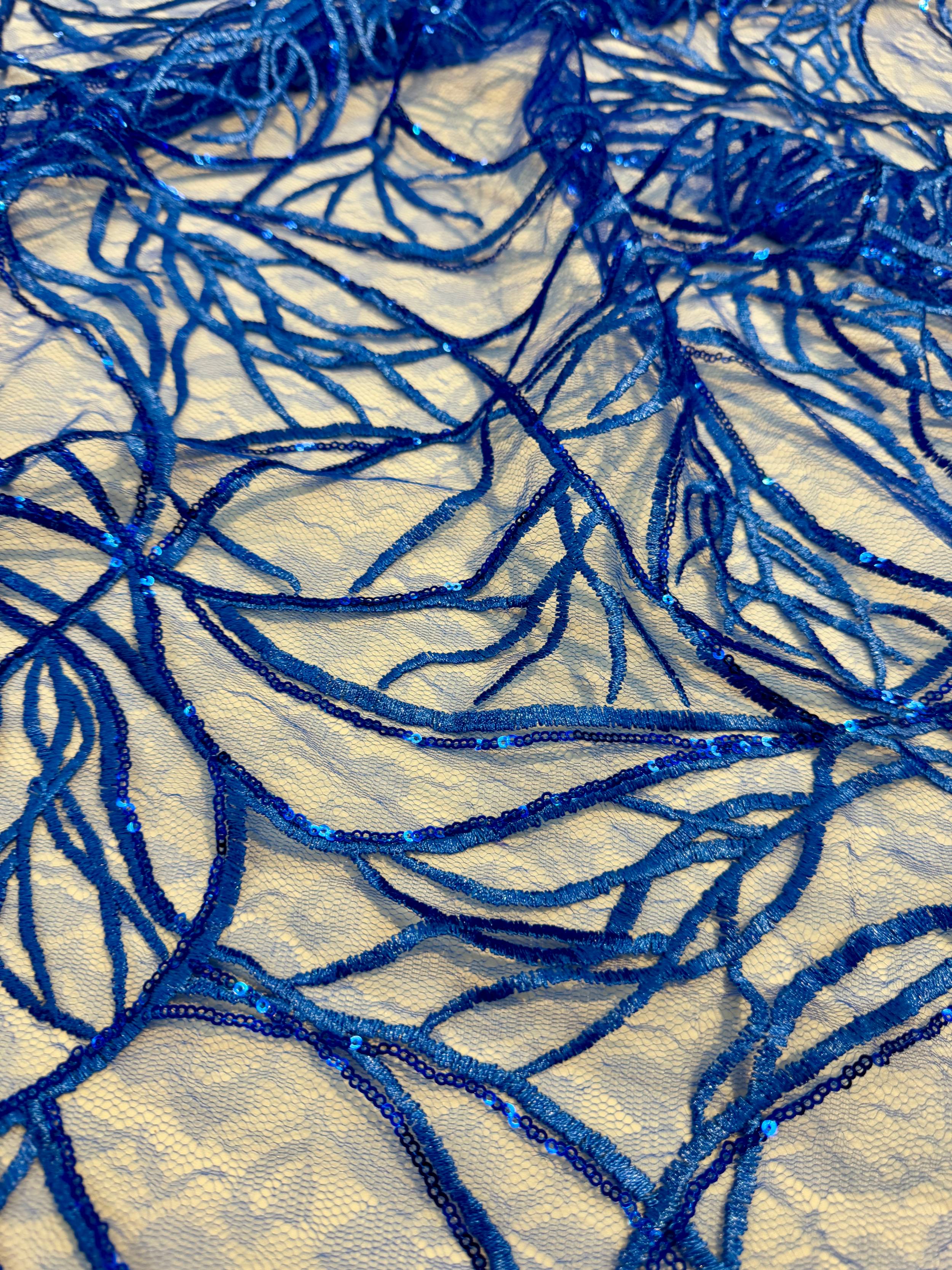 Royal Blue Infinity Web Sequin Embroidered Mesh - Image 3