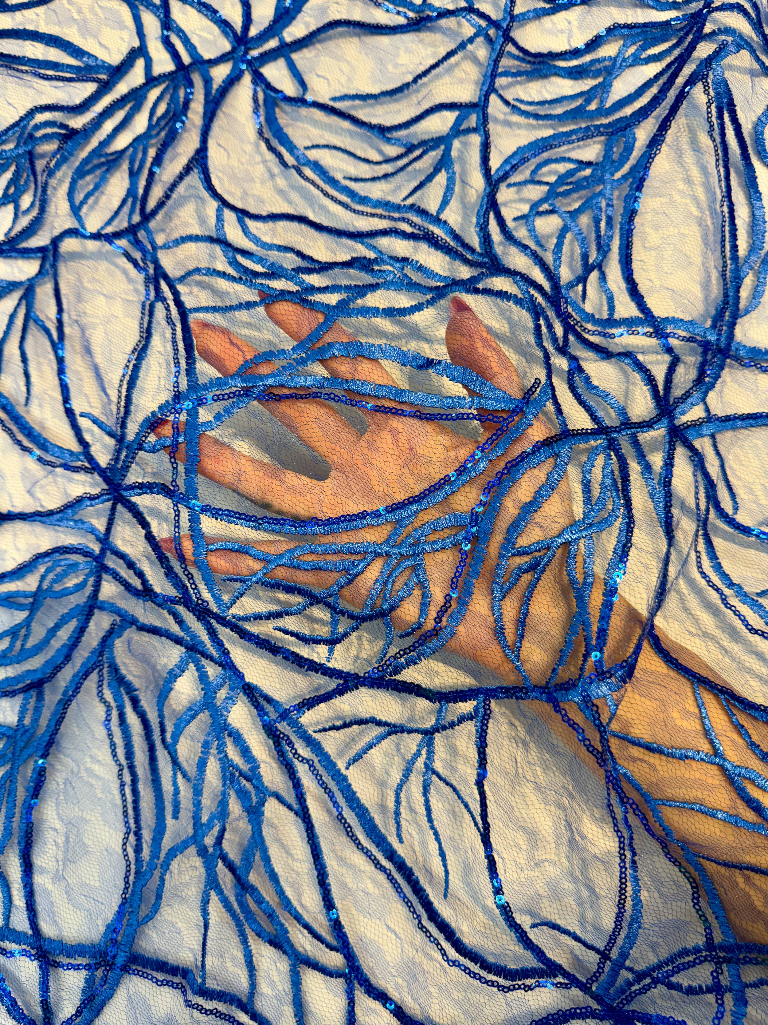 Royal Blue Infinity Web Sequin Embroidered Mesh - Image 4