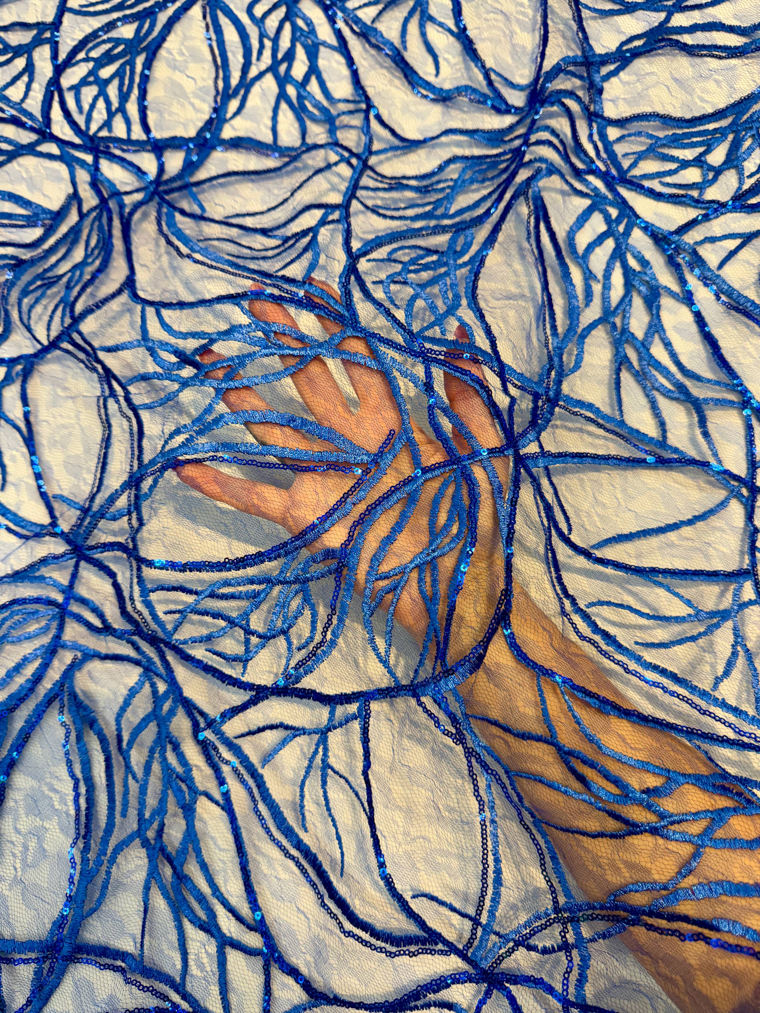 Royal Blue Infinity Web Sequin Embroidered Mesh - Image 7