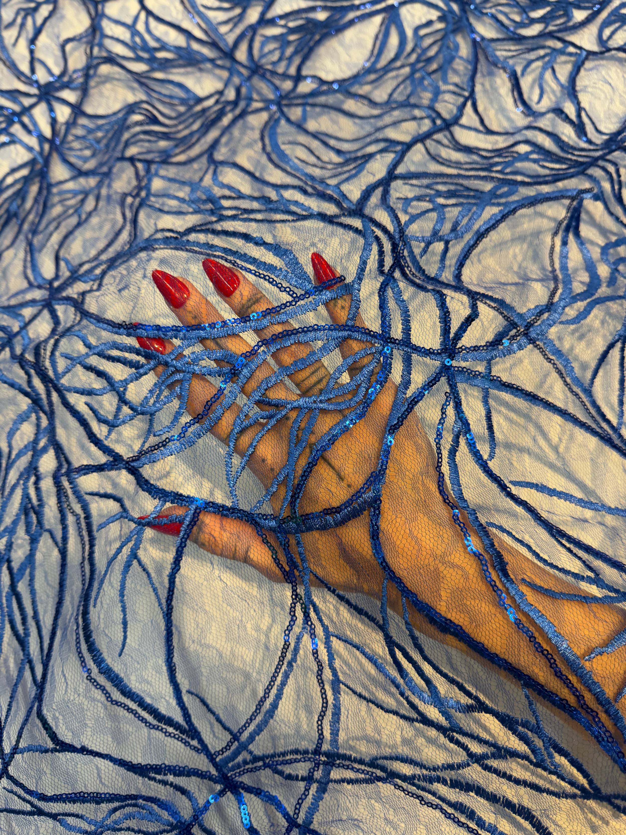 Royal Blue Infinity Web Sequin Embroidered Mesh - Image 9