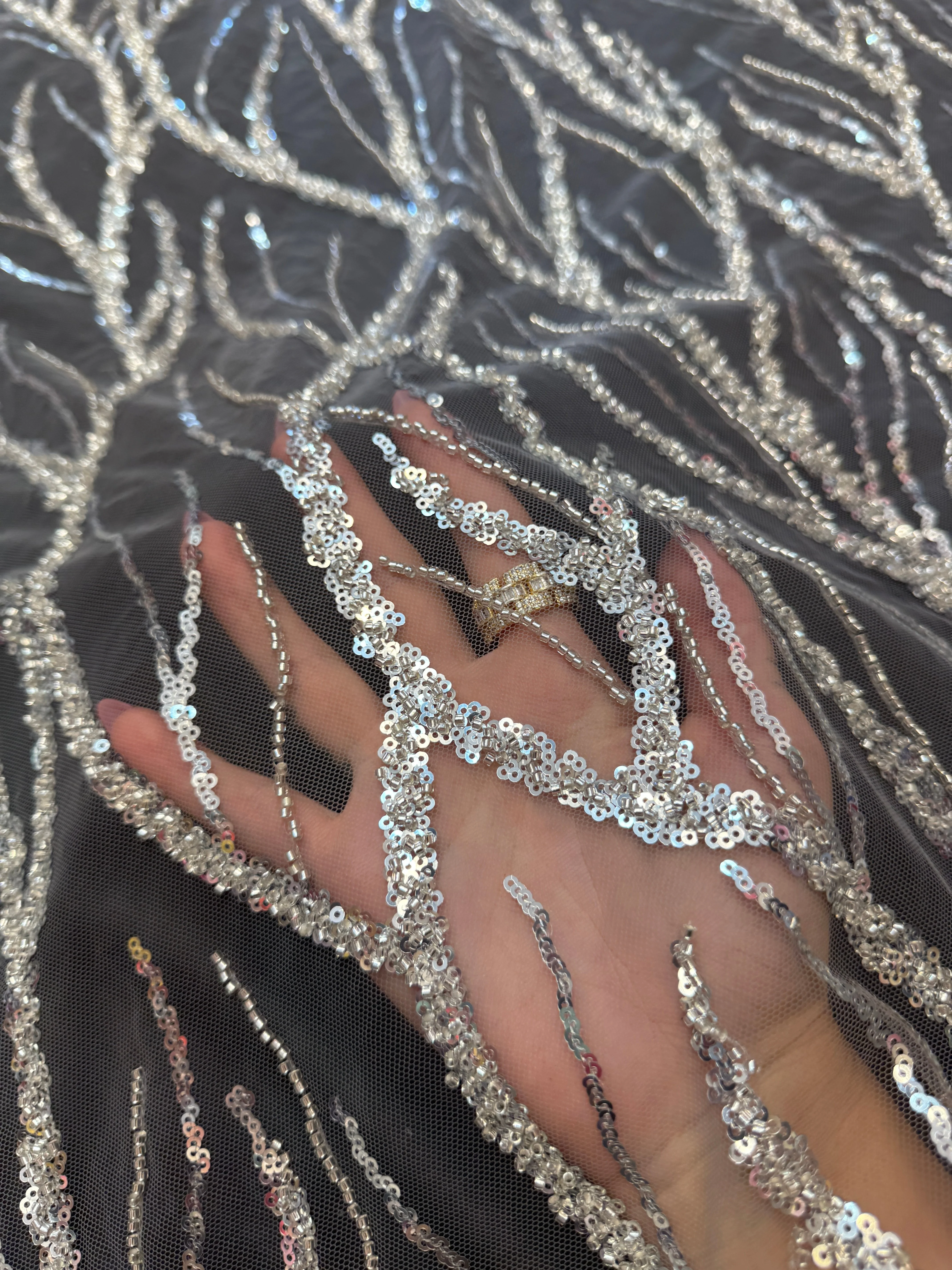 Silver Abstract Branch Beaded Sequin Lace on Mesh - Image 6