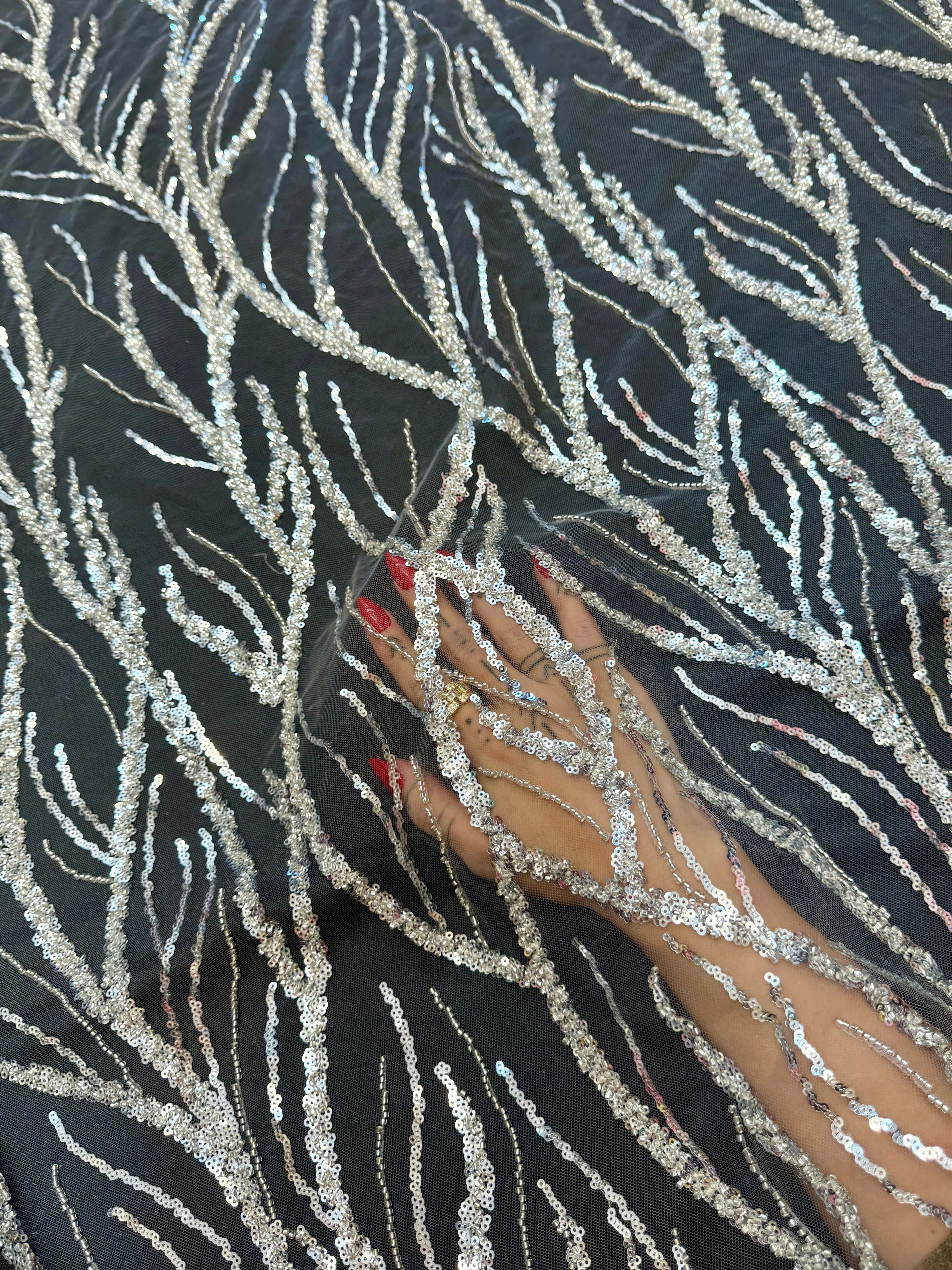 Silver Abstract Branch Beaded Sequin Lace on Mesh - Image 7