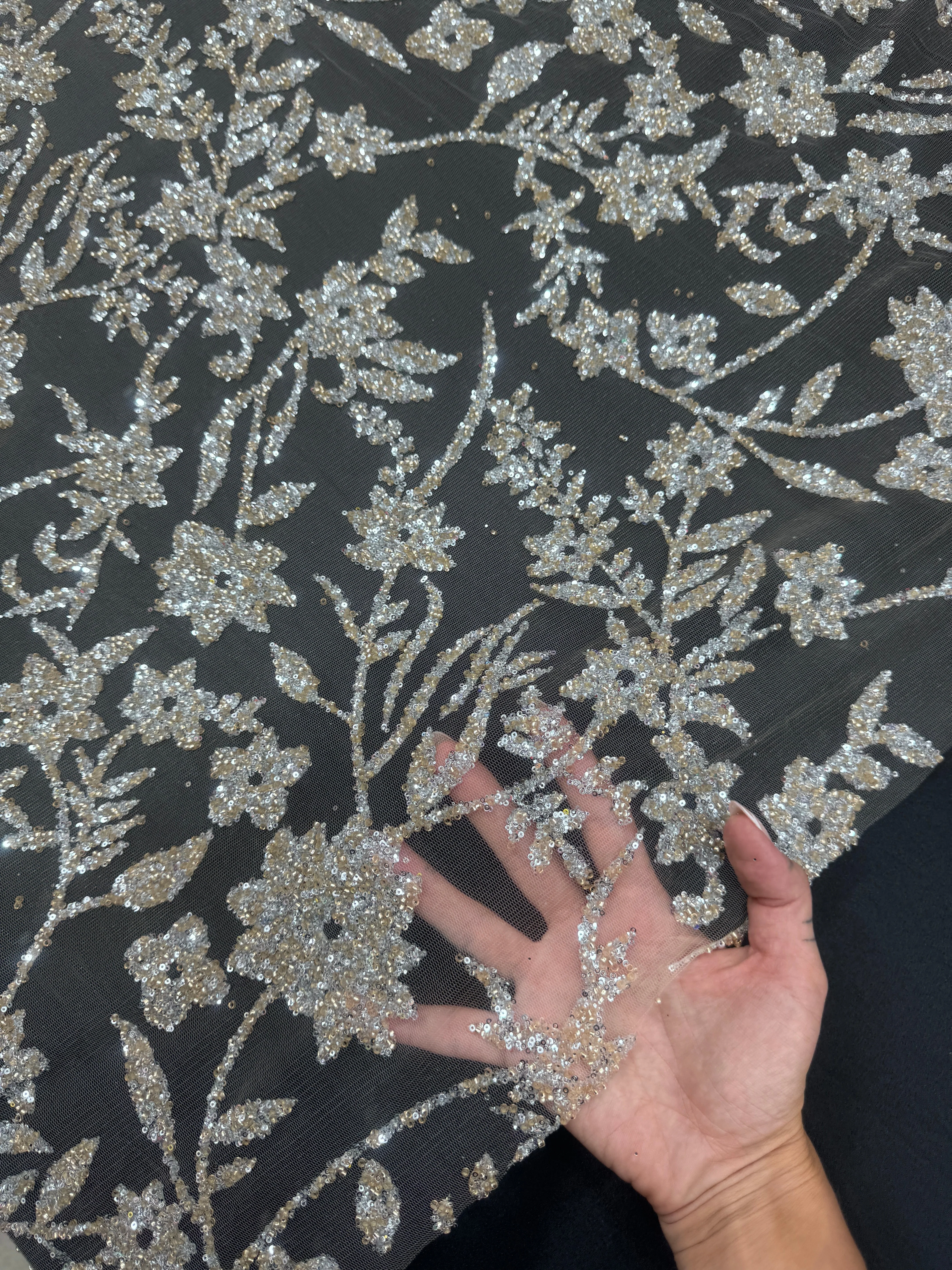 Silver Champagne Floral Beaded Lace - Image 3