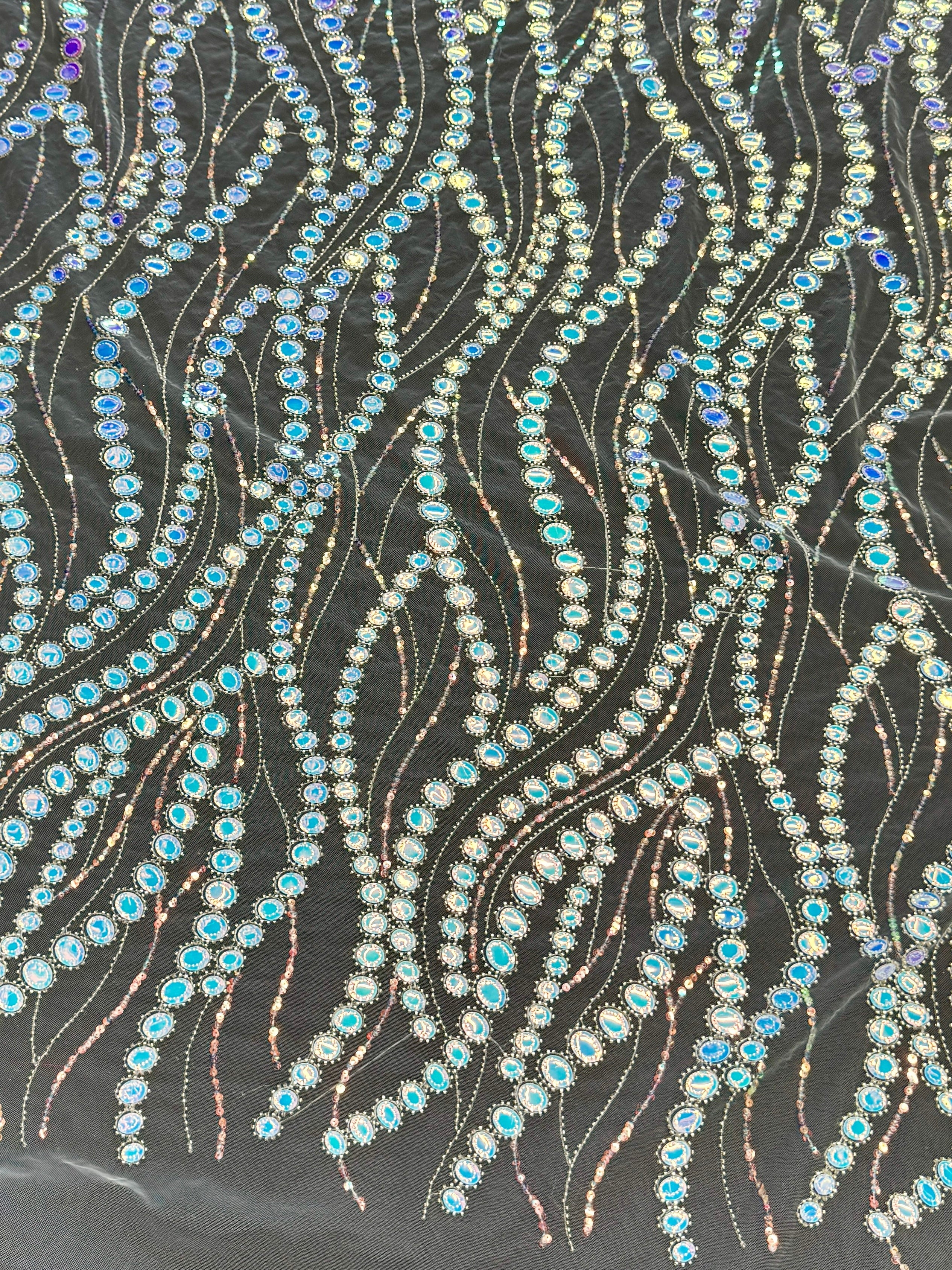White Iridescent Midnight Mirror Sequin Wave Lace - Image 4