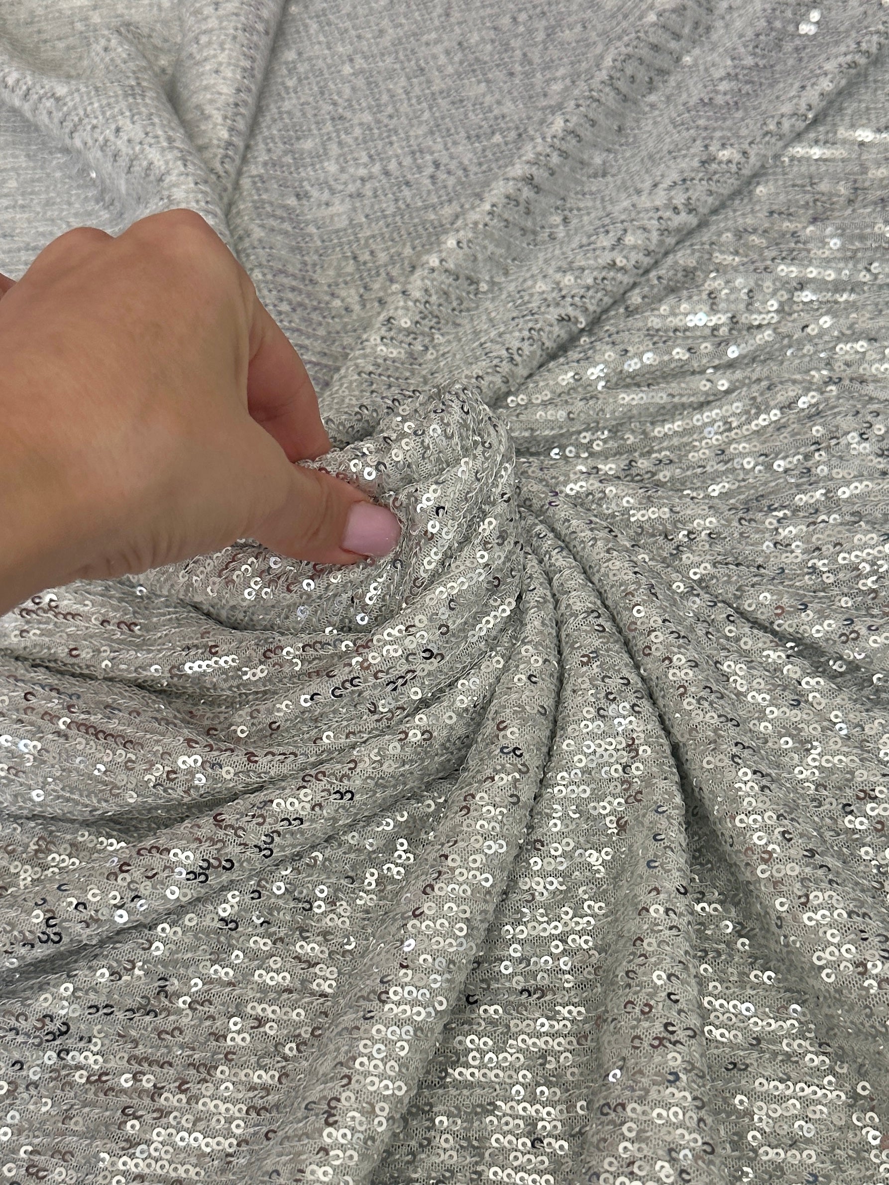 Silver Striped Stretch Sequin on White Mesh - Image 8