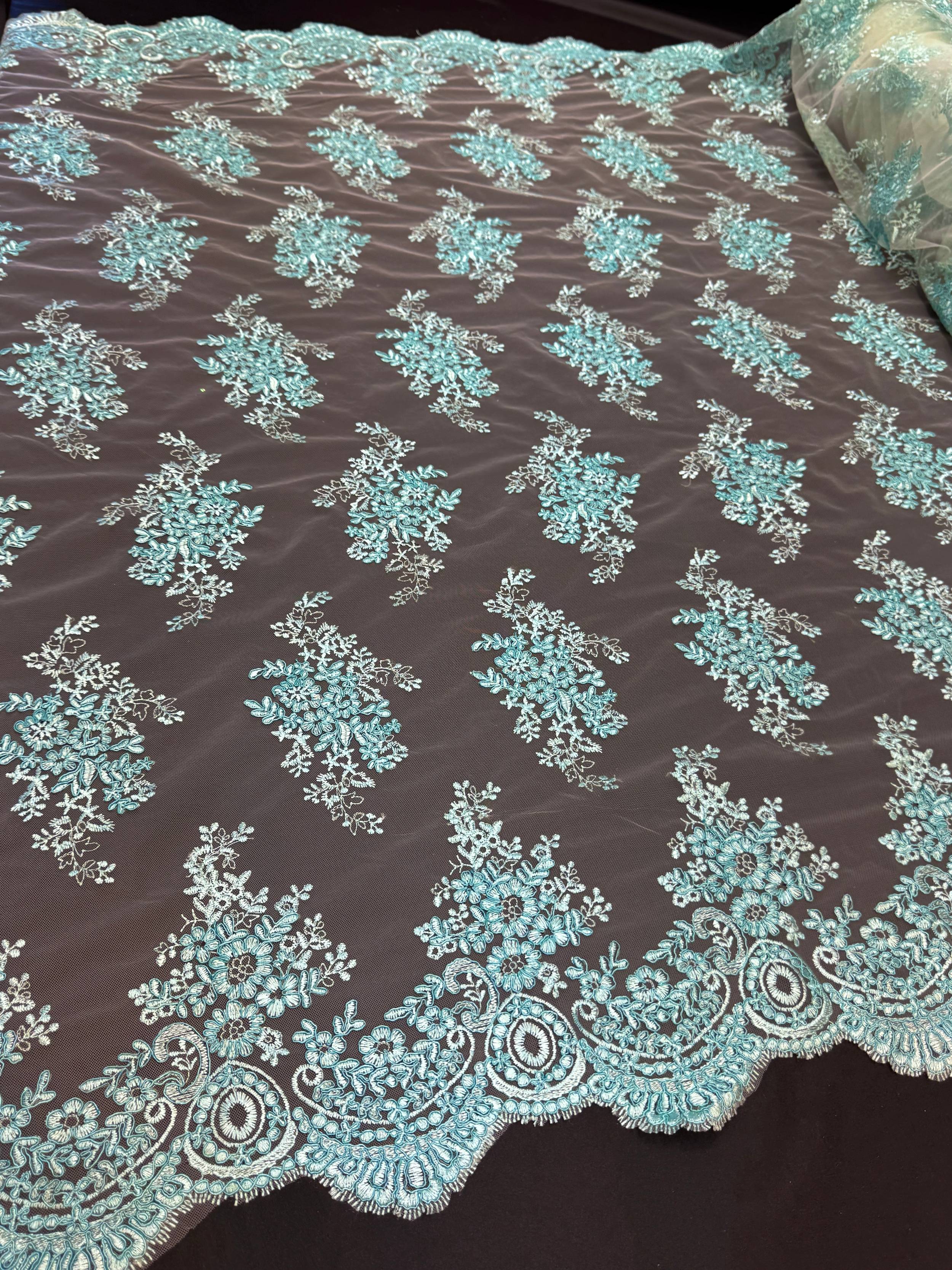 Turquoise Fleur Scalloped Lace Mesh - Image 4