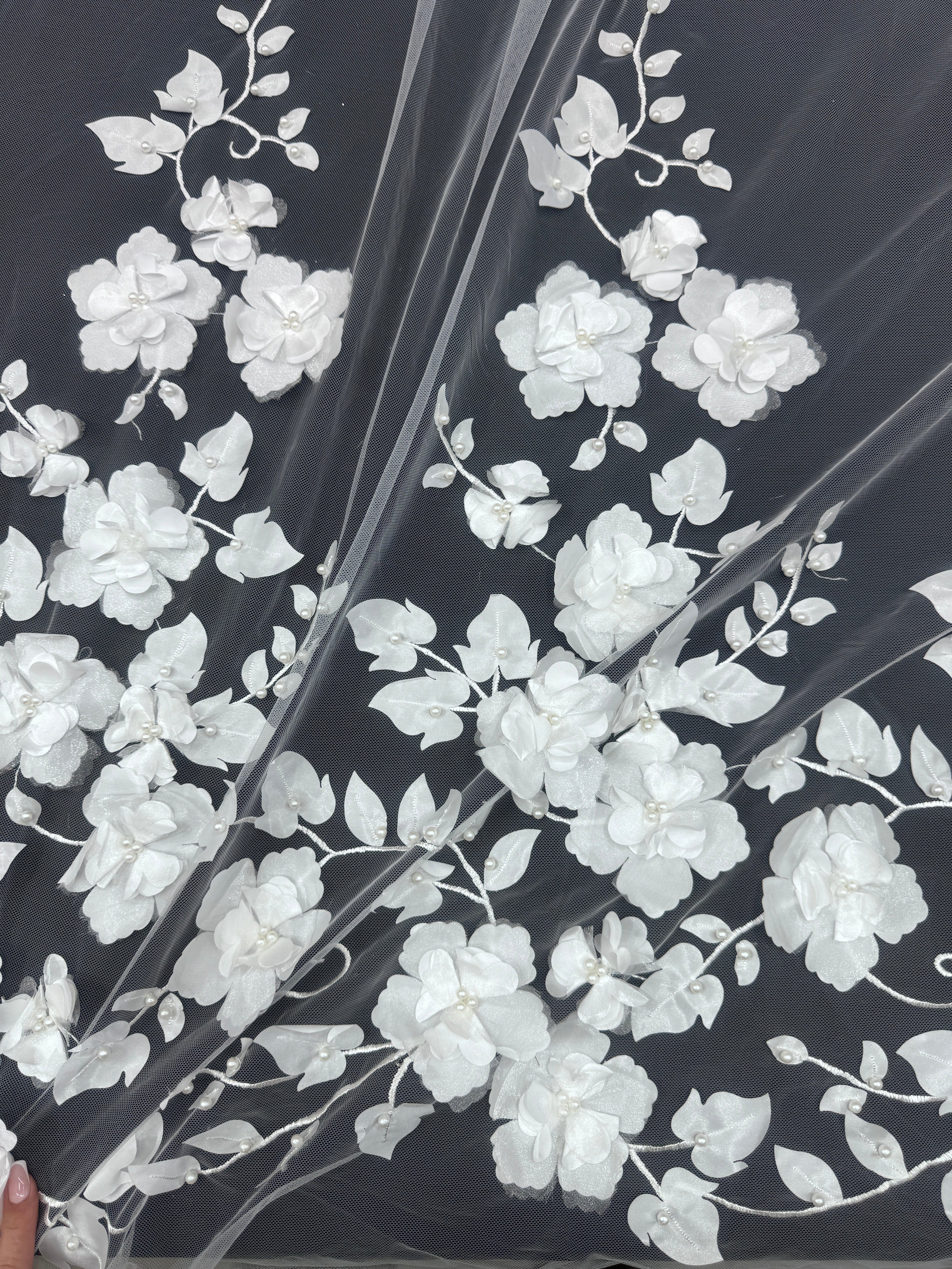 White 3D Flower Beaded Lace Mesh - Image 7