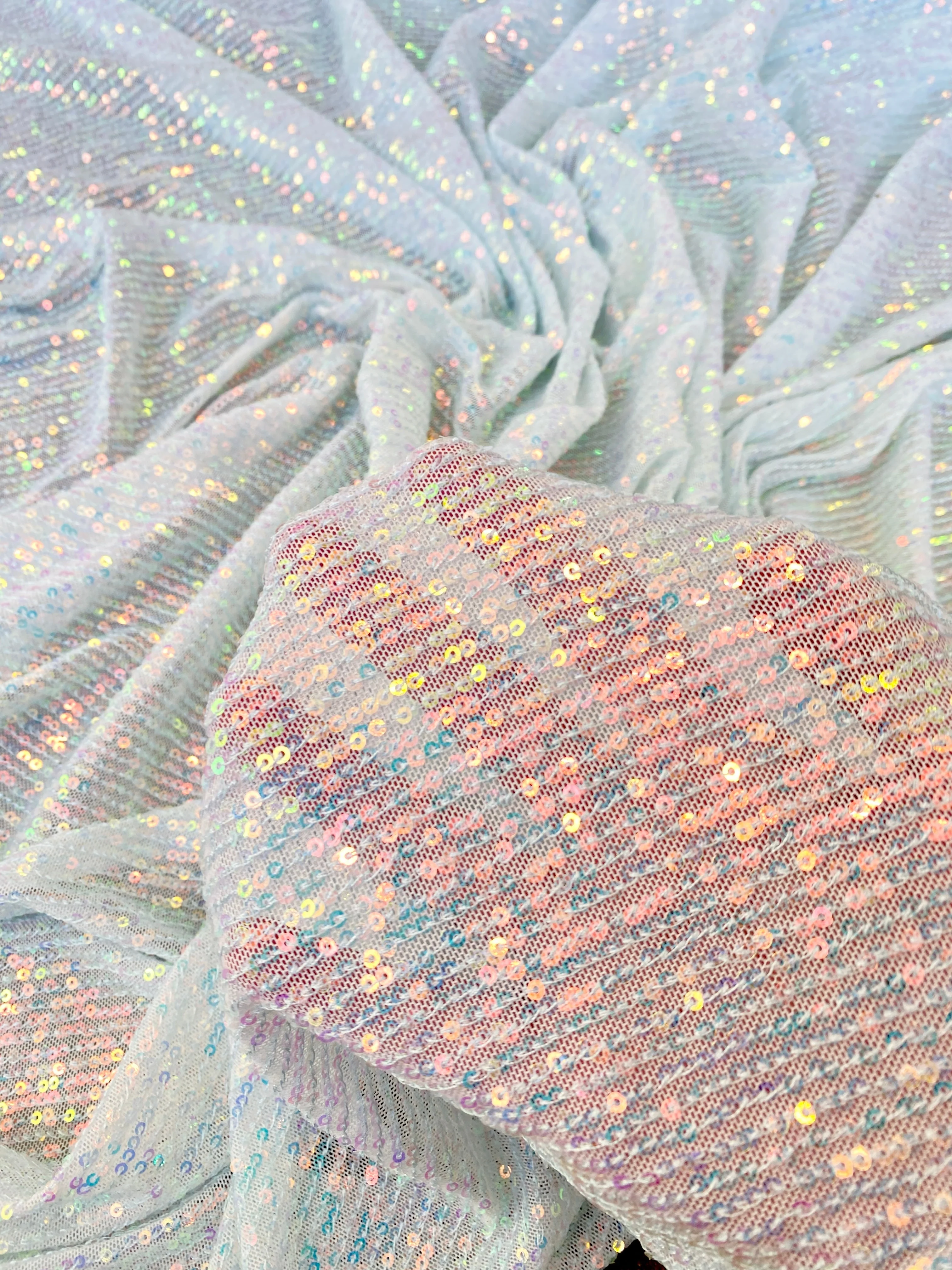 White Iridescent Striped Stretch Sequin on Mesh